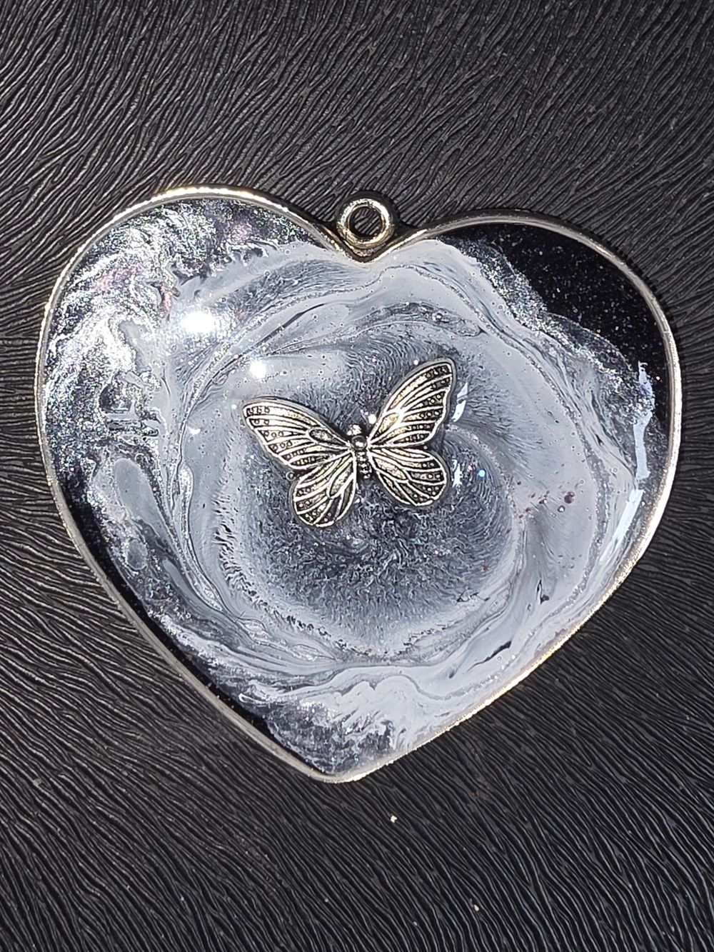 Heart Resin Pendant with Silver Butterfly Charm - Black & White Swirl